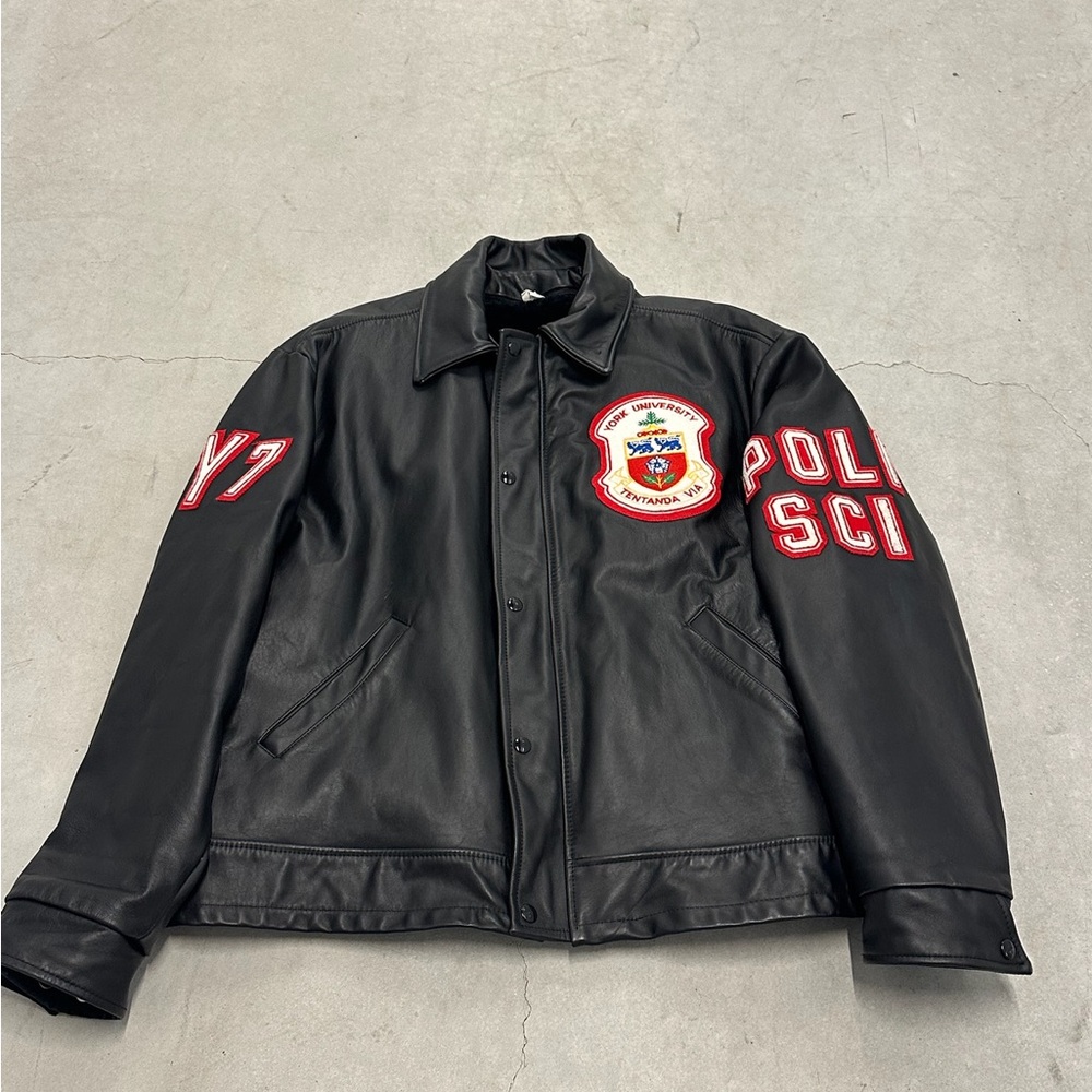 YORK UNIVERSITY Political Science Black Leather Varsity‎ Jacket with Red Details